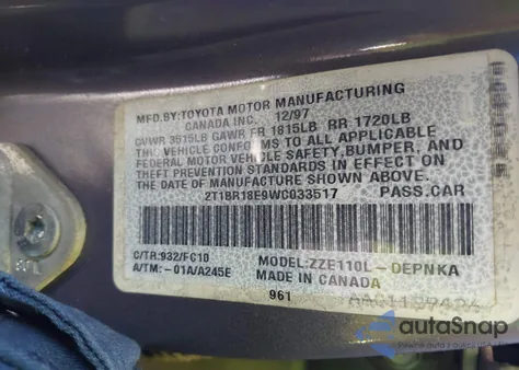 1998 Toyota Corolla Le from USA, damaged, VIN 2T1BR18E9WC033517